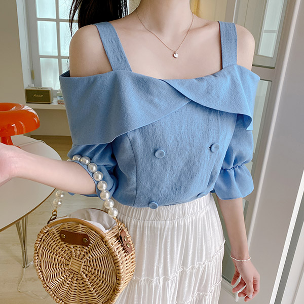 bs4377 명품브랜드 감성 그대로 제작된 오프숄더 카라넥 더블버튼 언발 블라우스 blouse