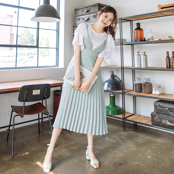 op7161 살랑살랑 플리츠 라인이 사랑스러운 레이어드 뷔스티에 롱원피스 dress