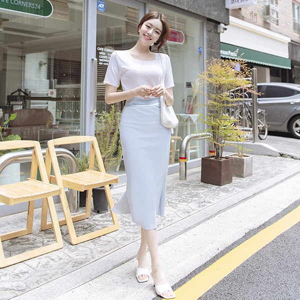 sk3526 밑단 사이드 트임 디테일의 밴딩 미디롱 스커트 skirt