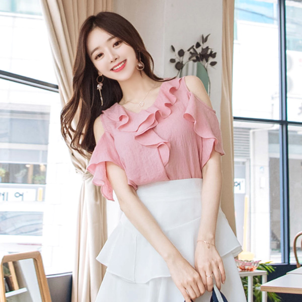 bs4458 투웨이 숄더 디자인의 프릴 장식 여름 블라우스 blouse