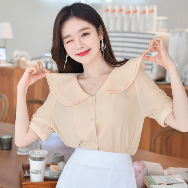 bs4473 사랑스러운 꽃잎 두장카라 퍼프소매 쉬폰 블라우스 blouse