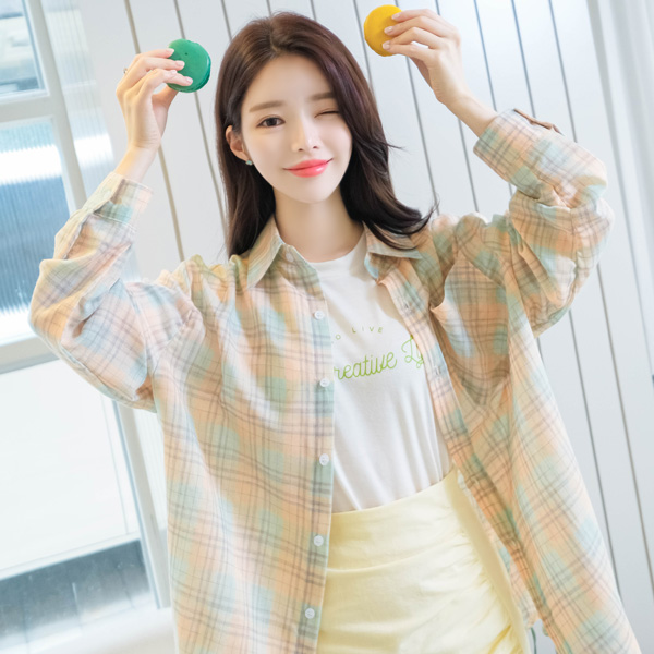 bs4509 러블리한 파스텔컬러 체크배색 포인트 소프트 남방 blouse