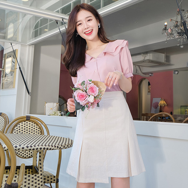 bs4537 살랑살랑한 프릴 이중 카라 디자인 퍼프 블라우스 blouse