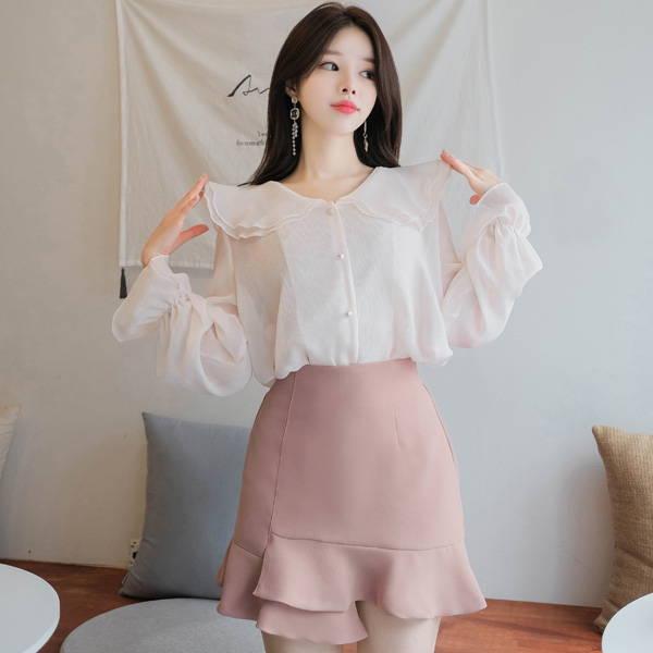 sk3619 안감팬츠 디자인의 로즈실루엣 랩 프릴 백밴딩 미니스커트 skirt