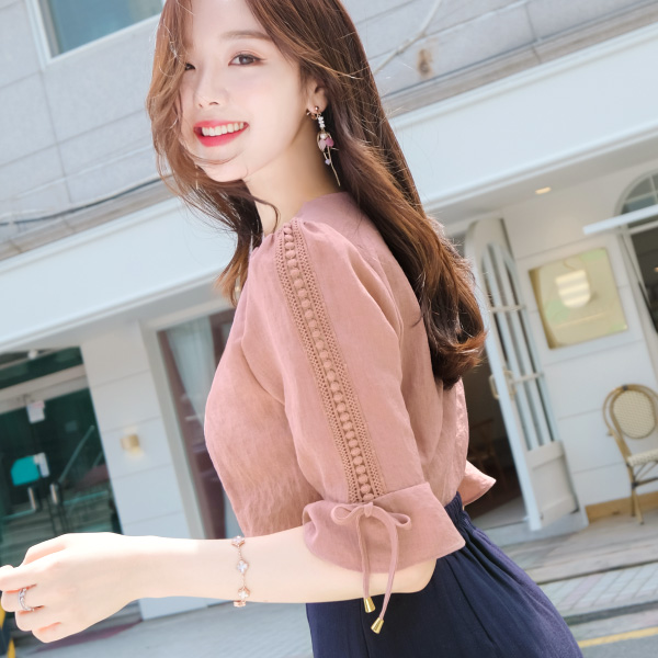bs4535 슬리브 옆레이스 레이온 혼방 7부 블라우스 blouse