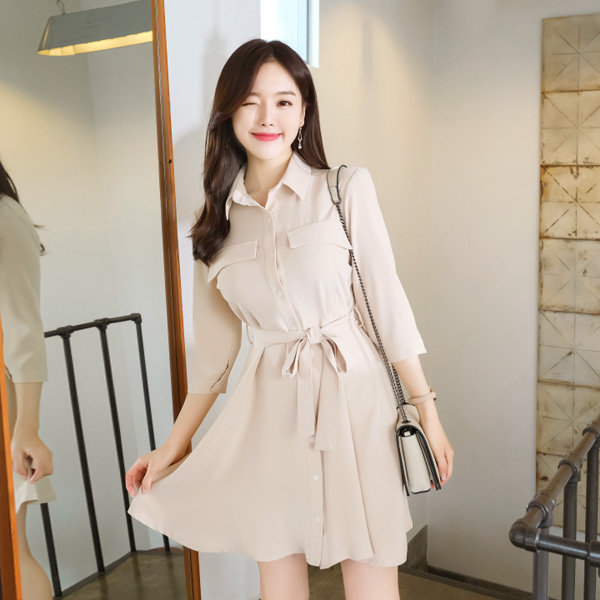 op7559 포켓 디테일의 리본 스트랩 세트 구성 플레어 미니 원피스 dress