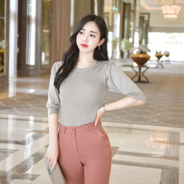 ts1749 쫀쫀한 골지패턴의 어깨셔링포인트 슬림핏 데일리 니트티셔츠 tee