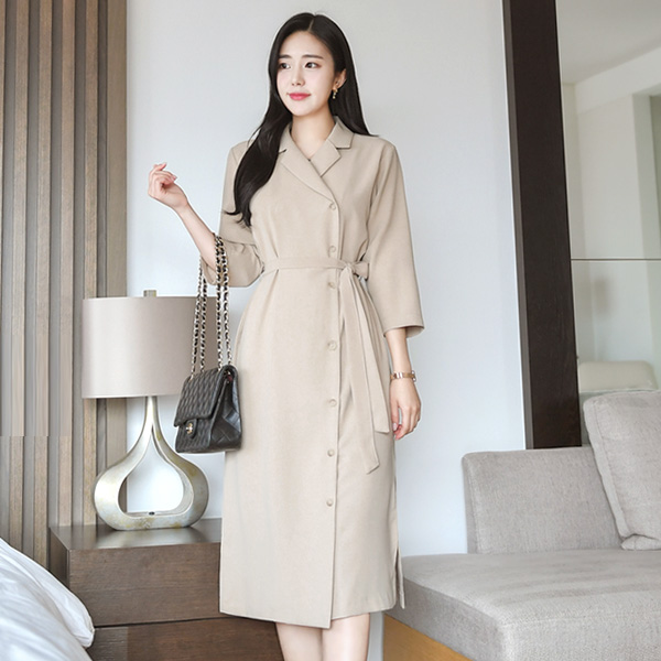 op7575 시크한 트렌치 느낌의 스트랩 세트 버튼 롱 원피스 dress