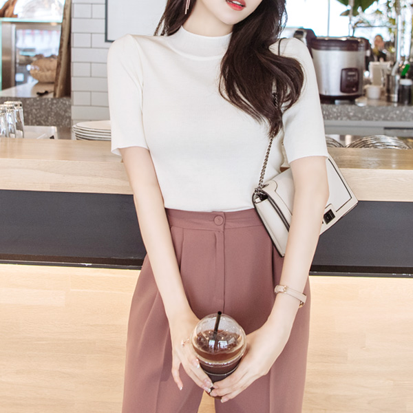 ts1745 부드러움에 깜짝 놀랄 대박퀄리티의 하이라운드넥 하프소매 슬림 니트탑 tee
