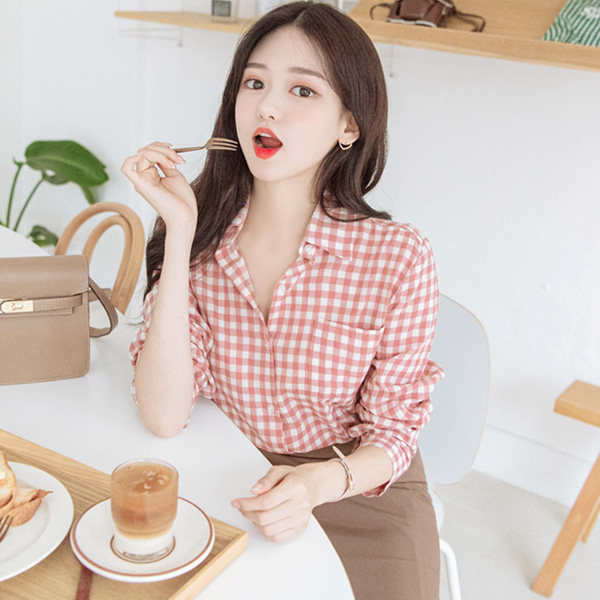 bs4562 뻣뻣함없이 부드러운 바이오워싱 코튼소재의 깅엄체크 데일리 셔츠 blouse
