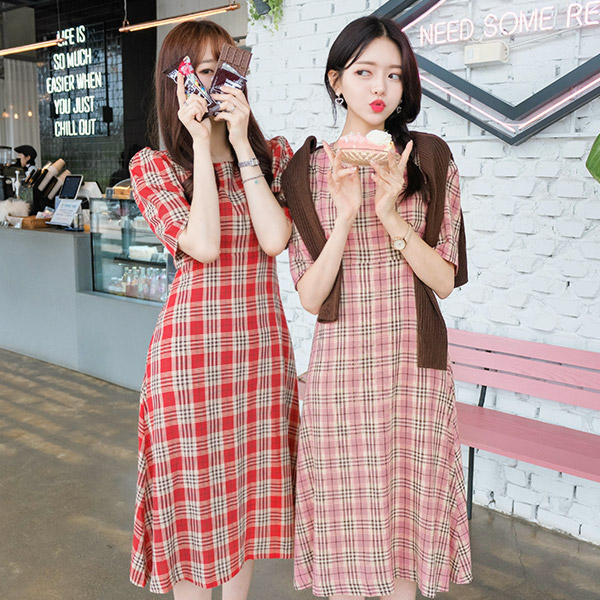 op7585 딸기 초콜릿처럼 달콤 러블리한 체크패턴의 A라인 롱원피스 dress