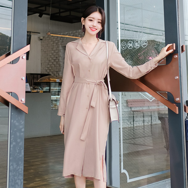 op7587 여성스러운 내츄럴 데일리룩 스타일의 벨트스트랩 롱셔츠원피스 dress