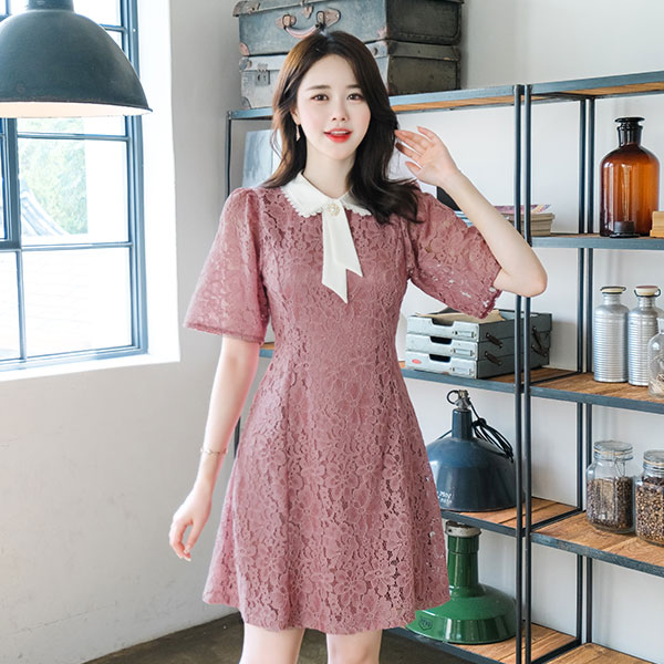 op7590 브랜드 퀄리티의 플라워 레이스카라 타이장식 레이스 원피스 dress