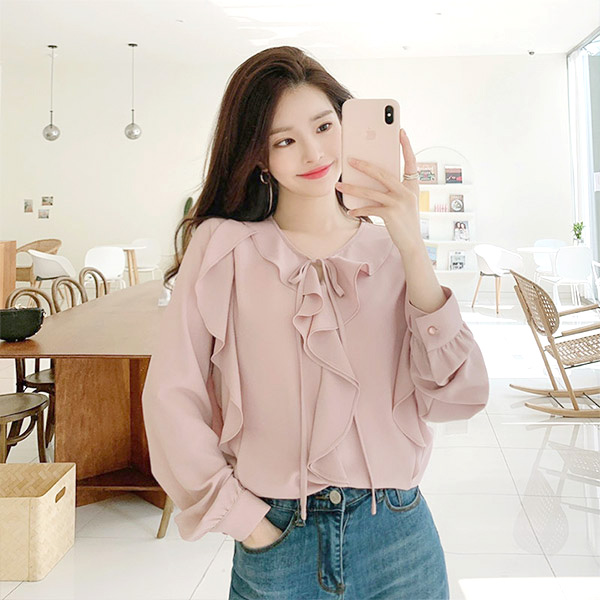 bs4600 러플디테일로 로맨틱함 가득한 리본포인트 블라우스 blouse
