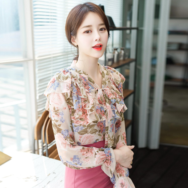 bs4588 로맨틱한 플라워 패턴의 러플 가득 쉬폰 타이 블라우스 blouse