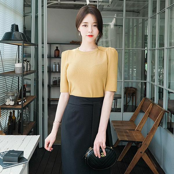 ts1759 소프트하고 말랑말랑한 촉감의 5부 퍼프 슬리브 니트 티셔츠 tee