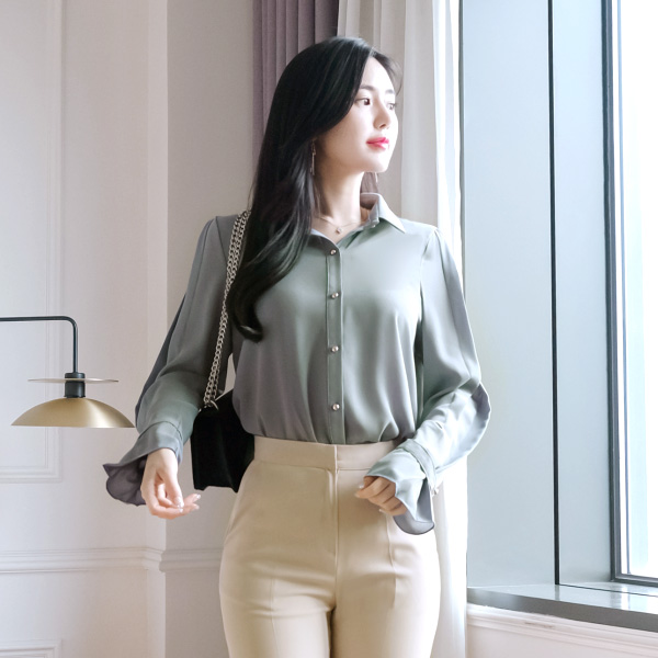 bs4618 고급스러운 골드볼 버튼 장식의 카라넥 커프스 블라우스 blouse