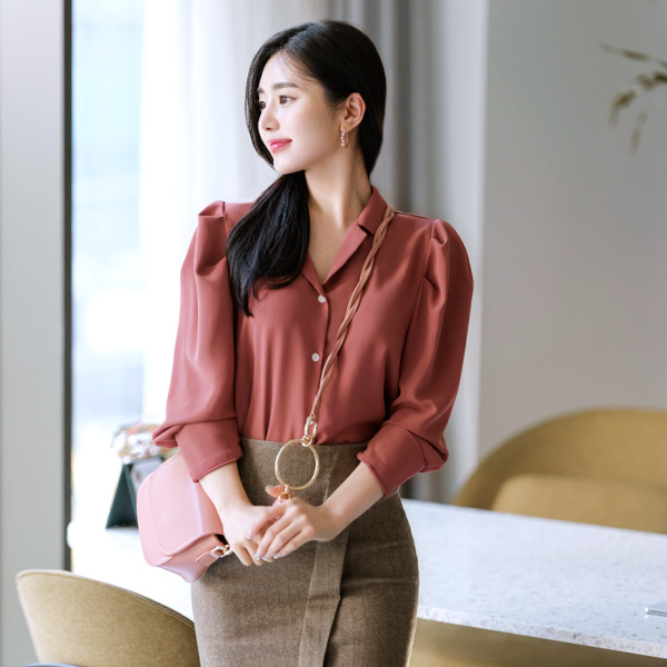 bs4619 가성비 높은 5가지 컬러구성의 카라넥 퍼프 소매 베이직 블라우스 blouse