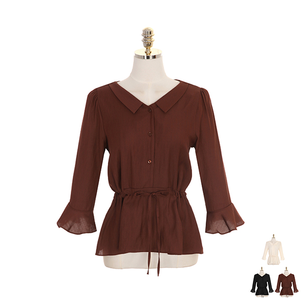 bs4596 브이넥 미니 카라와 스트링 장식의 나팔소매 페플럼 블라우스 blouse