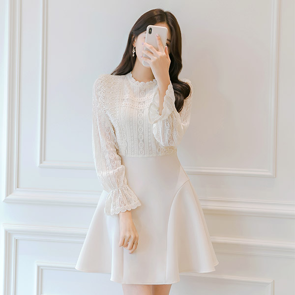 op7598 시스루 레이스 펀칭 블라우스 디자인의 플레어 원피스 dress