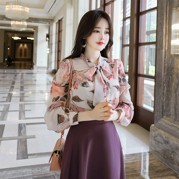 bs4611 고급스러운 플라워 프린팅의 리본타이 돌체 쉬폰블라우스 blouse