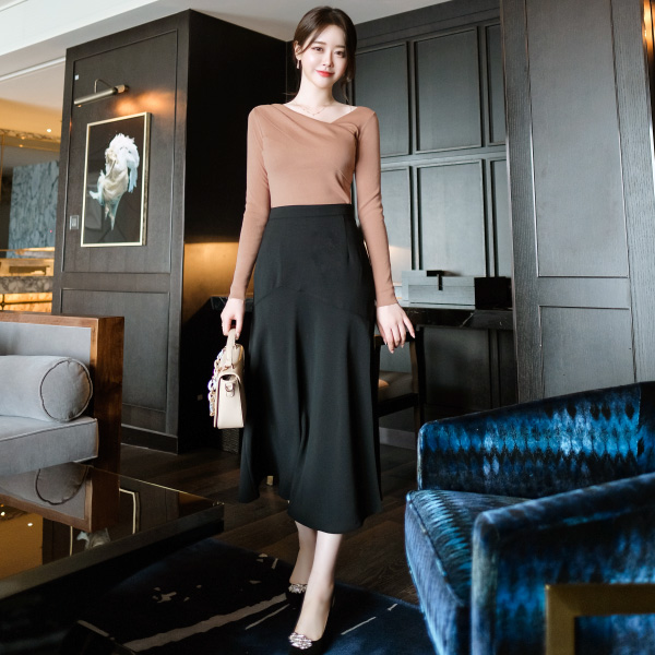 sk3656 여신핏 머메이드라인 밑단 롱 프릴 언발 트임 스커트 skirt