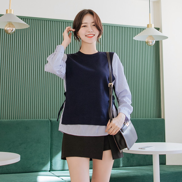 bs4632 스트라이프 셔츠와 니트베스트를 레이어드한 듯 감각적인 니트배색셔츠 blouse