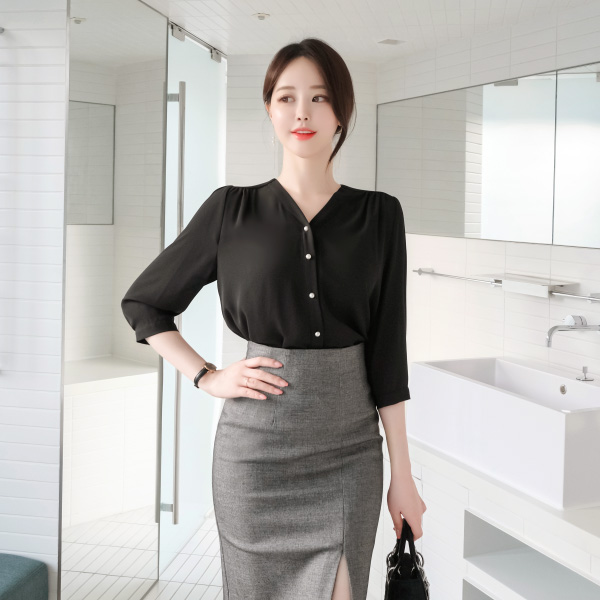 bs4638 고급스럽고 단정한 진주 장식의 7부 소매 쉬폰 블라우스 blouse