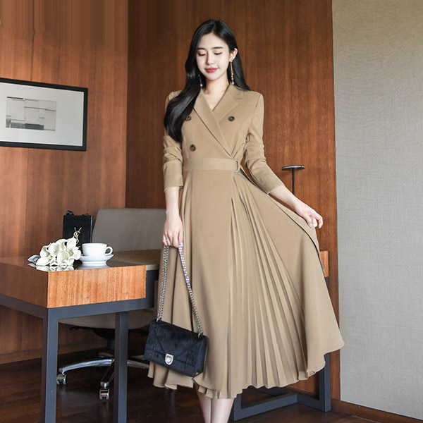 op7666 언발 플리츠디자인의 트렌치 롱플레어 랩원피스 dress