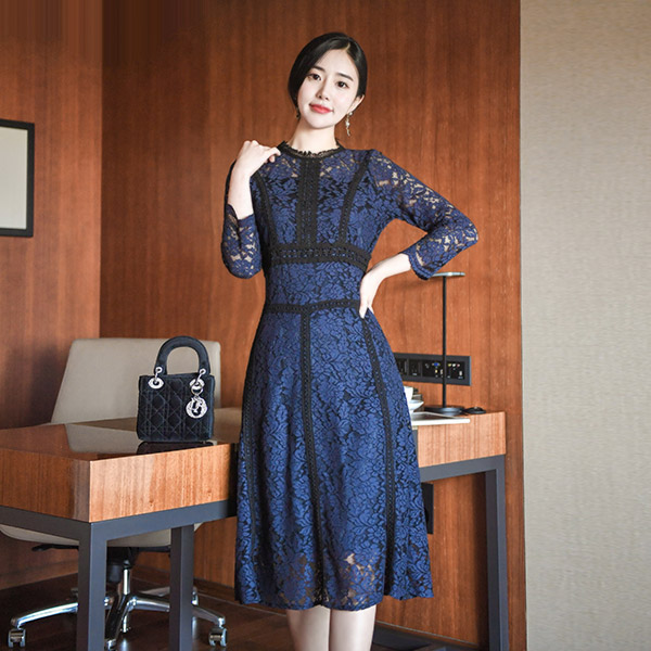 op7667 우아하며 아름다운 레이스 테잎디자인의 롱 플레어 클래식 레이스원피스 dress