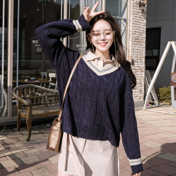 nt1869 러블리한 걸리쉬 캐쥬얼룩으로 입기 좋은 배색라인 V넥 도톰 꽈배기 니트 knit