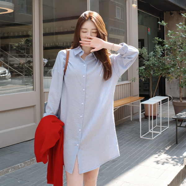 op7705 찰랑찰랑한 소프트한 패브릭의 스트라이프 셔츠 롱 원피스 dress