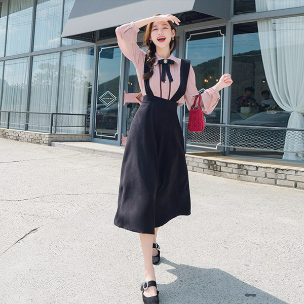 op7702 서스펜더 원피스, 스커트로 2타입 착용이 가능한 스웨이드 스커트 dress