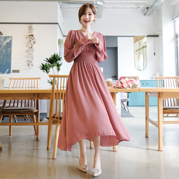 op7706 사랑스러운 로맨틱실루엣의 스모크밴딩 플레어 롱원피스 dress