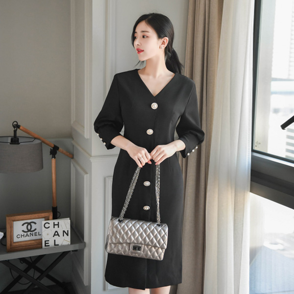 op7712 고져스한 핵 진주 버튼 장식의 7부 소매 슬림 H라인 롱 원피스 dress