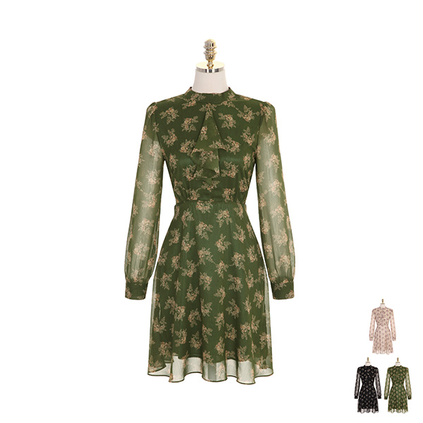 op7725 프릴넥 장식과 로맨틱한 부케 패턴의 플레어 원피스 dress