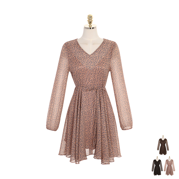 op7721 은은한 잔꽃 패턴으로 제작된 페미닌 쉬폰 플레어 드레스 dress