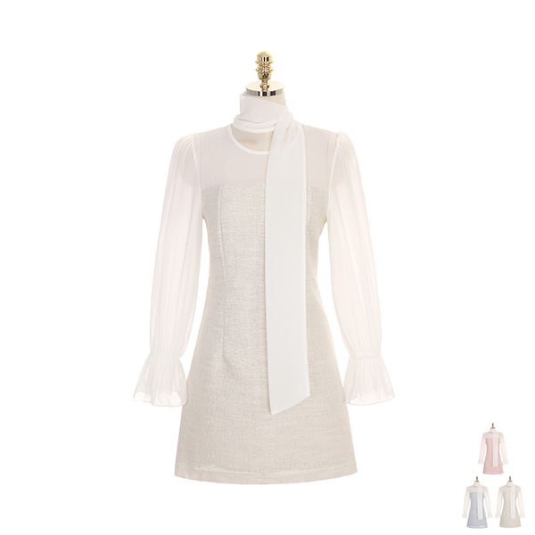 op7740 고급스러운 트위드소재로 제작된 시스루 숄더 소매 A라인 미디드레스 dress