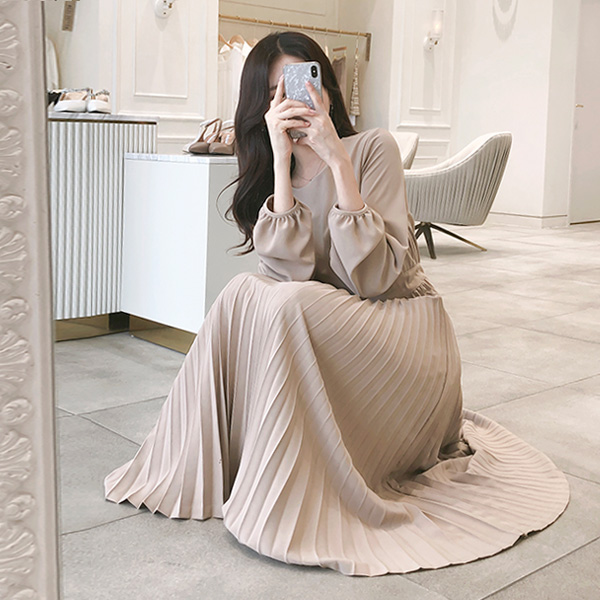 op7738 우아한 무드를 선사해 드릴 라운드 넥 플리츠 스커트 롱 원피스 dress