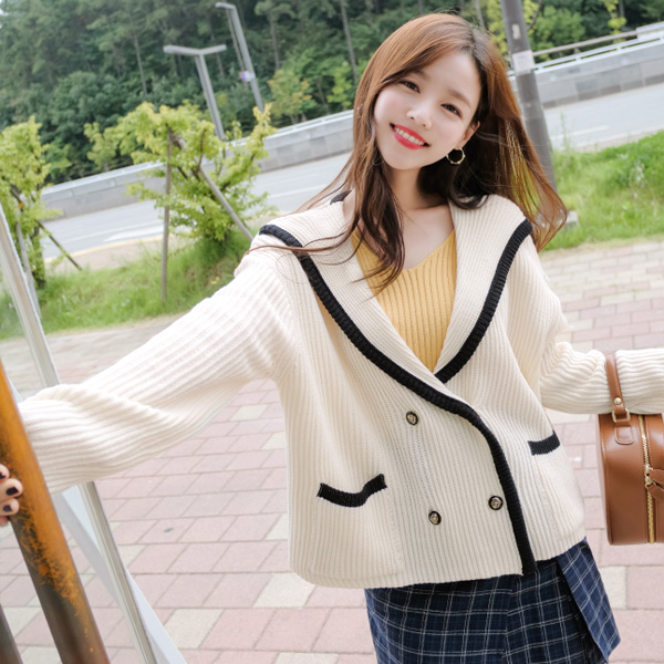 cd1171 배색 라인과 더블 단추 포인트의 니트 카라 가디건 cardigan