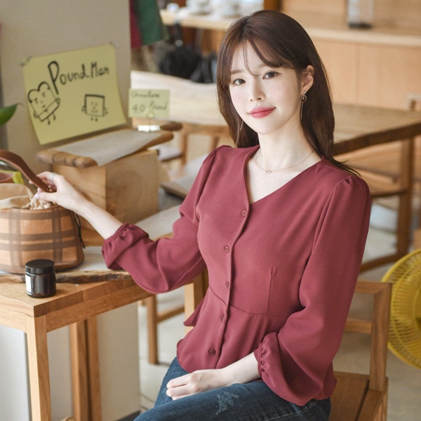 bs4689 세미 플레어 라인의 V넥 뒷리본 블라우스 blouse