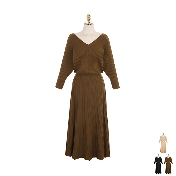 op7781 페미닌한 무드로 완성된 골지 니트 가오리 V넥 롱 원피스 dress