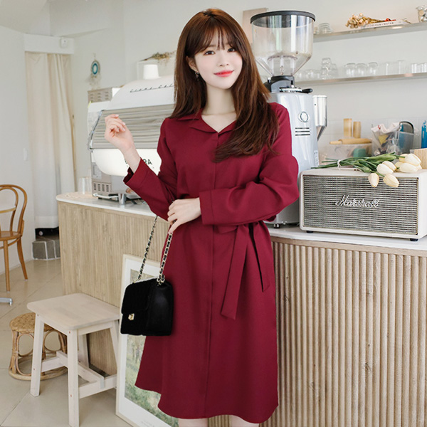 op7789 이지하게 활용하기 좋은 카라넥 리본 스트랩 미디 플레어 원피스 dress