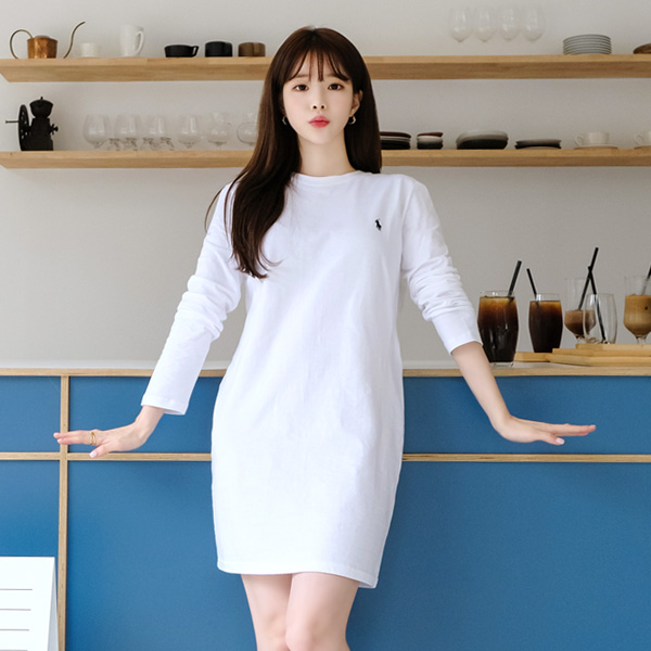 op7791 데일리하게 활용하기 좋은 홀스 자수 장식의 긴팔 코튼 원피스 dress