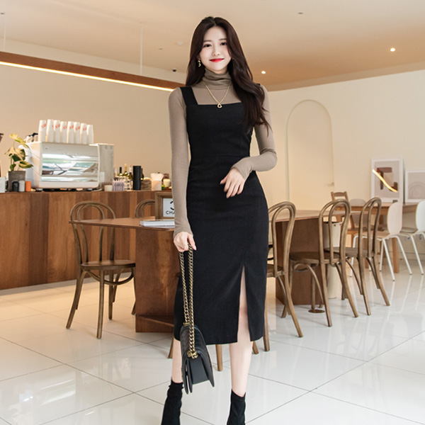 op7754 겉 피치 패브릭으로 제작된 S라인 사이드 슬릿 슬림 뷔스티에 원피스 dress