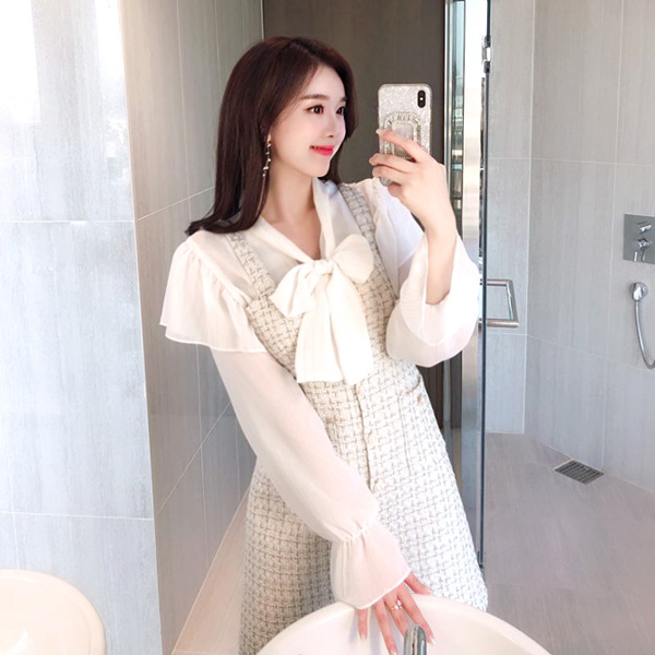 op7779(A) 영롱한 트위드 패브릭의 진주 버튼장식 서스펜더 미니원피스 dress