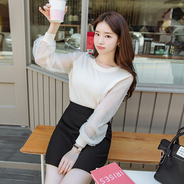 ts1818 로맨틱한 진주 쉬폰 소매의 라운드넥 니트 티셔츠 tee