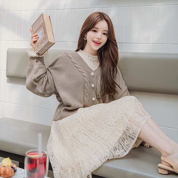 cd1182 사랑스러운 진주버튼 장식의 벌키한 꽈배기 니트 가디건 cardigan