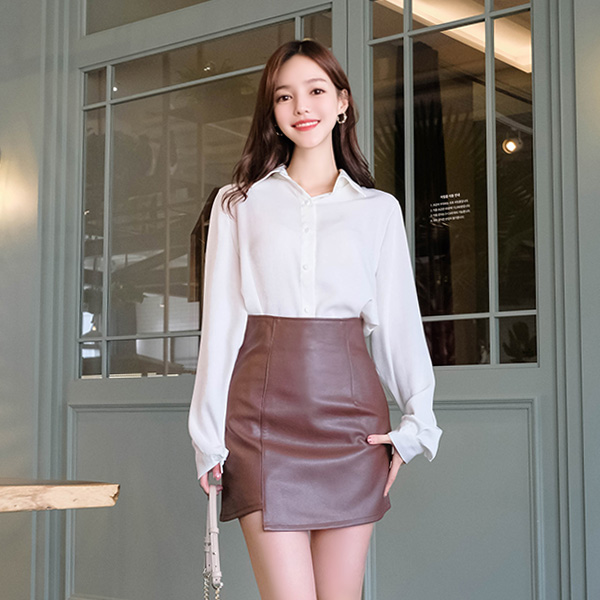 sk3739 슬림한 허리라인을 선사할 세련된 레더 패브릭의 하이웨이스트 세미 A라인 미니 스커트 skirt