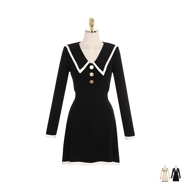 op7832 러블리한 무드를 선사해 드릴 빅 카라 브론즈 버튼 배색 니트 미니 드레스 dress